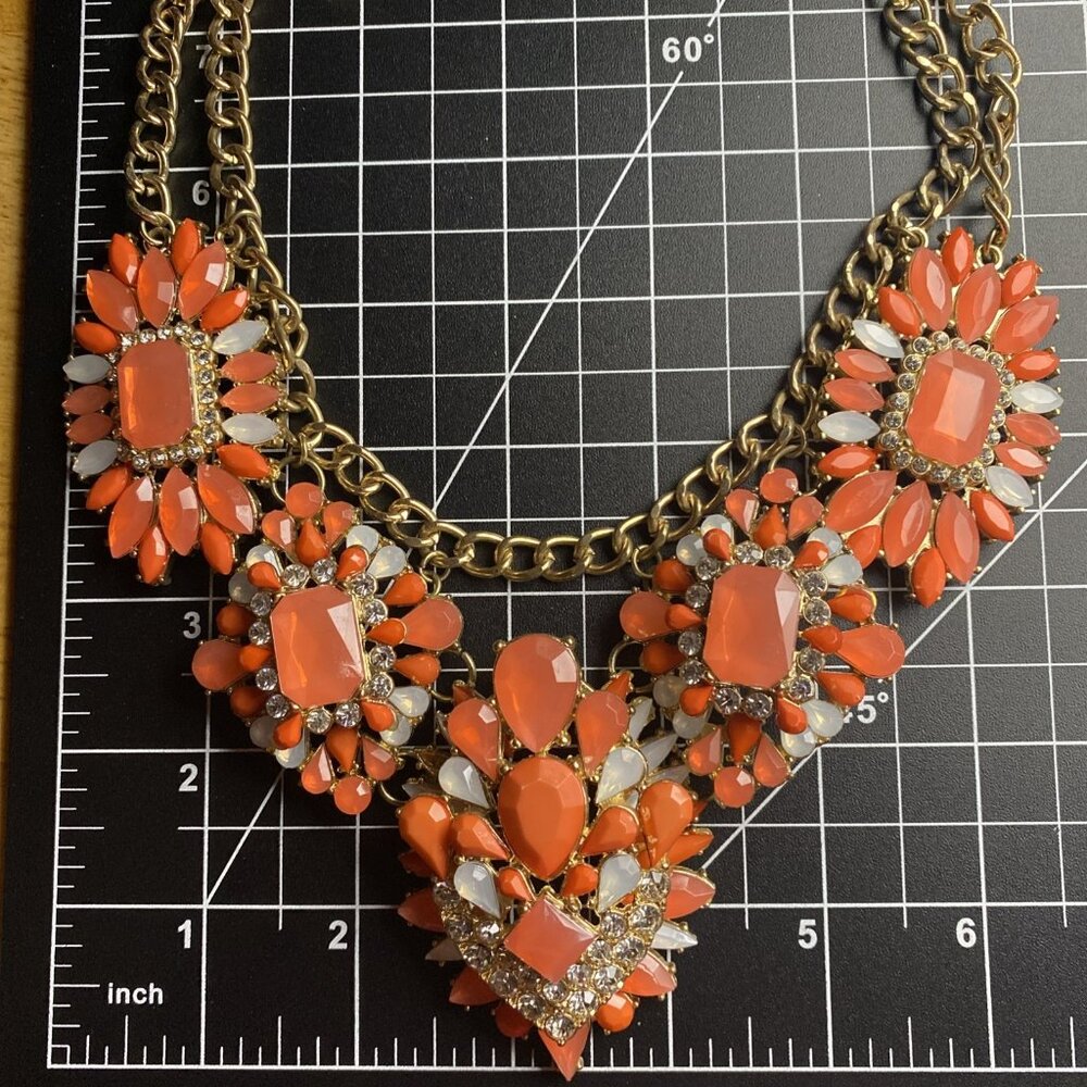 Orange Rhinestone Necklace Statement Couture Runway Glamour Curb Link 17" LOOK - Picture 10 of 10